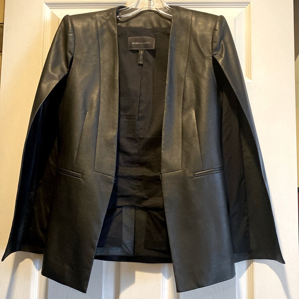 BCBG MAXAZRIA Cape Blazer Faux Leather Black Upas Jacket Designer Size XS
